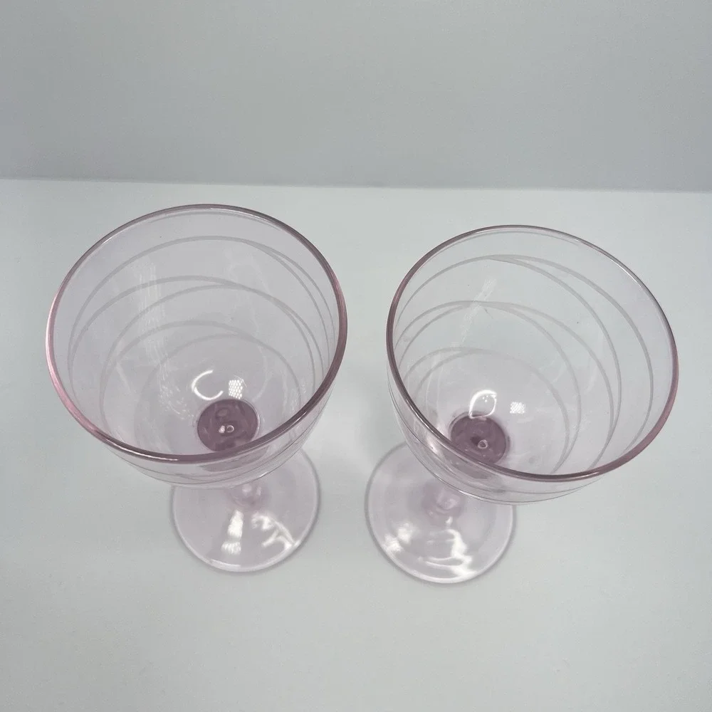 Vintage Pink MCM Wine Glasses‎ Etched Swirl Pattern Thick Stem  7